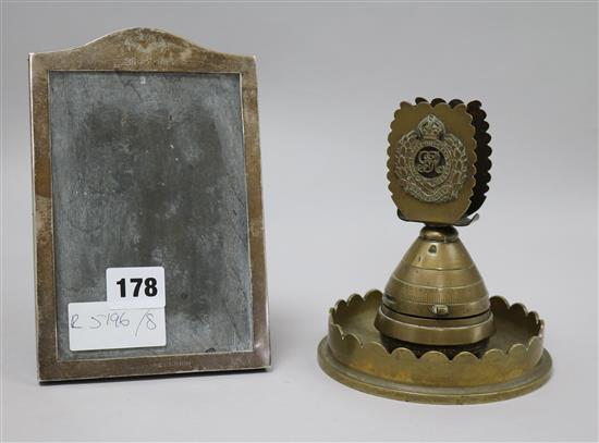 A 1930s silver photograph frame engraved for the Bihar Light Horse and a Royal Engineers bomb timer ashtray, frame 19cm